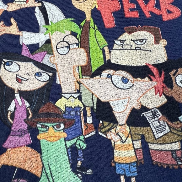 Disney Y2K Phineas and Ferb Cartoon Graphic Print Navy T-Shirt XS Youth - Picture 6 of 6